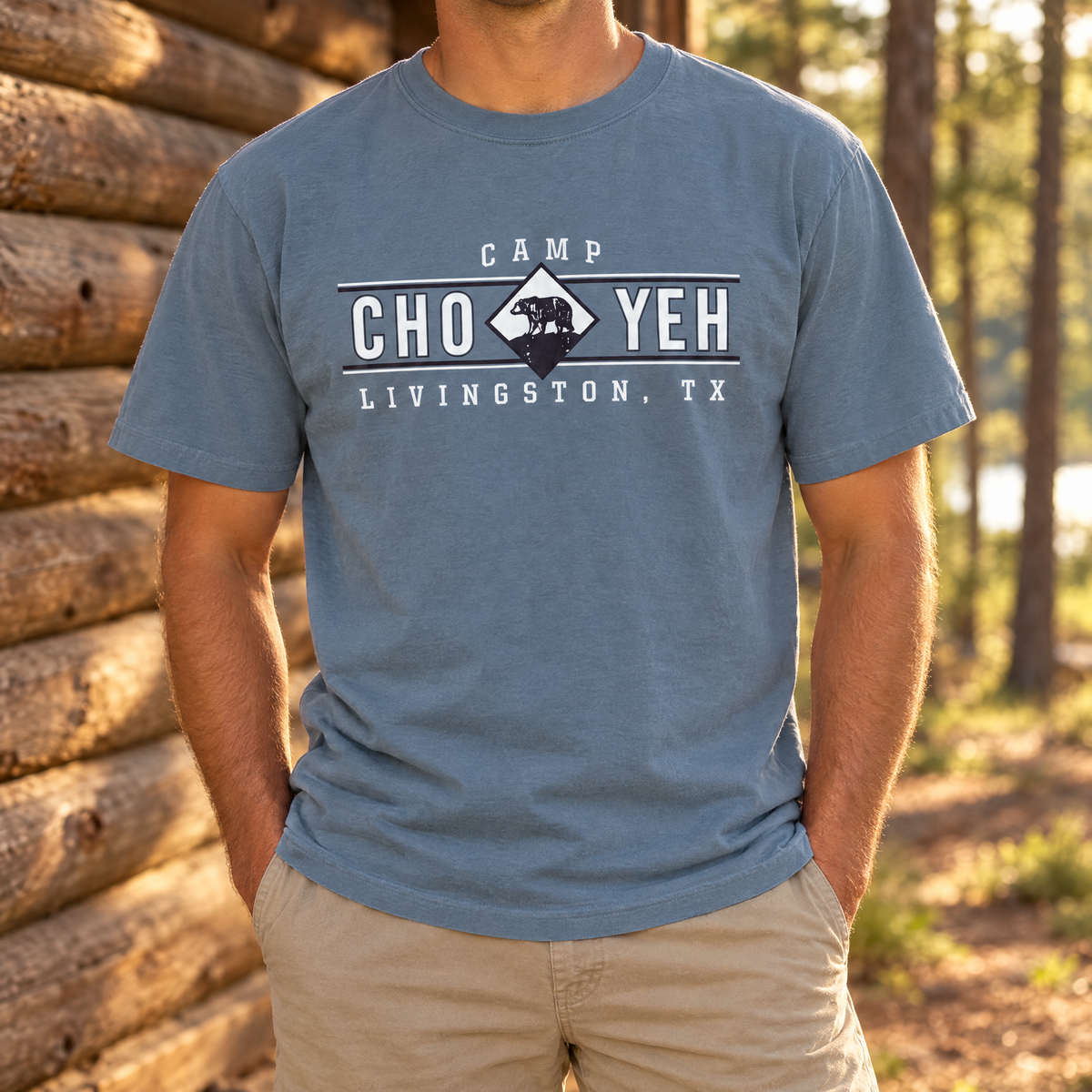 Bear Diamond Tee in Blue Jean, full front print, worn by a cabin at Camp Cho-Yeh