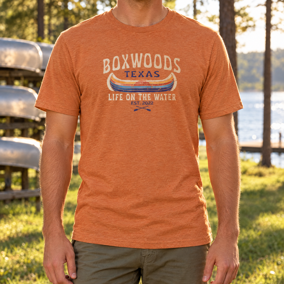Boxwoods Canoe Tee in Heather Autumn, front print, worn lakeside at Camp Cho-Yeh
