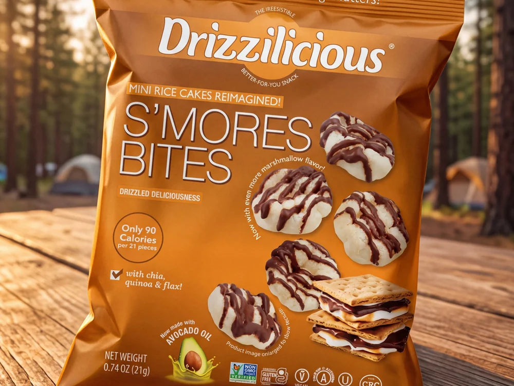 A bag of Drizzilicious S’mores Bites on a picnic table at a wooded campsite